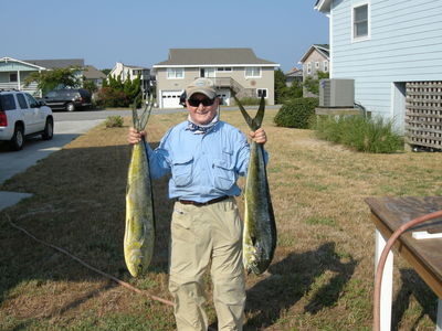 Mickey Kodroff with two Fly caught dolphin 6-21 off Rodanthe
